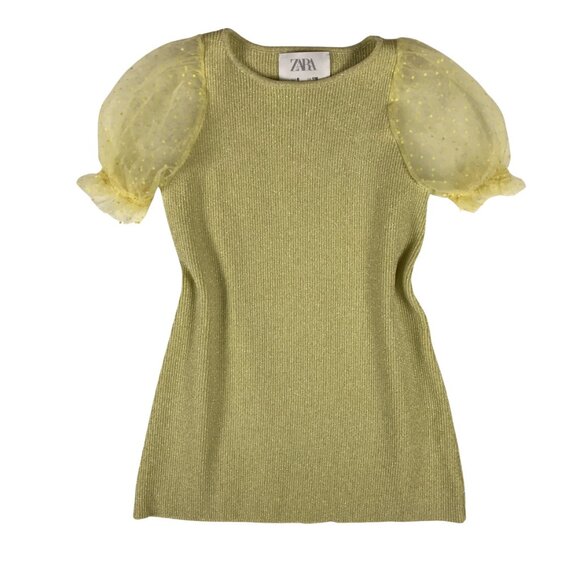 Kids Girls ZARA Golden Lime Metallic Puff Sleeve Mini Dress Size 6 - Picture 1 of 6